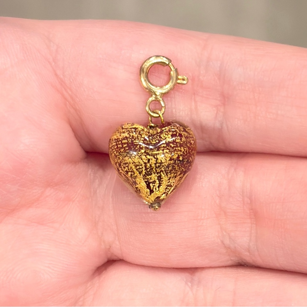 14K Murano Glass Heart Charm, Yellow Gold Pendant, Dainty Petite, Red Gold Bead - Picture 10 of 13